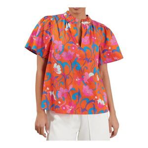Sugarlips Baila Floral Inaya Split Neck Top Bell Sleeve Cotton Orange Multi XL